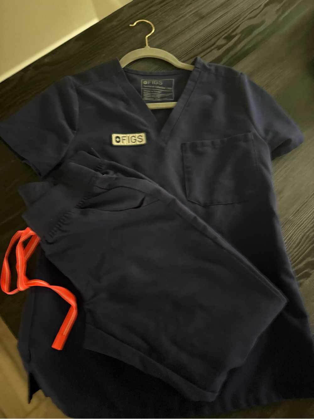 Figs Navy Scrub Top and Pants with Red Drawcord